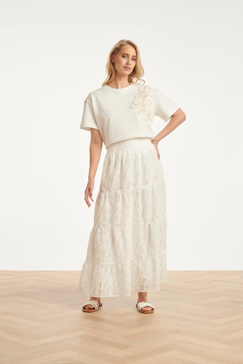 Abstract-Print Maxi Skirt With Elasticated Waistband In White 1