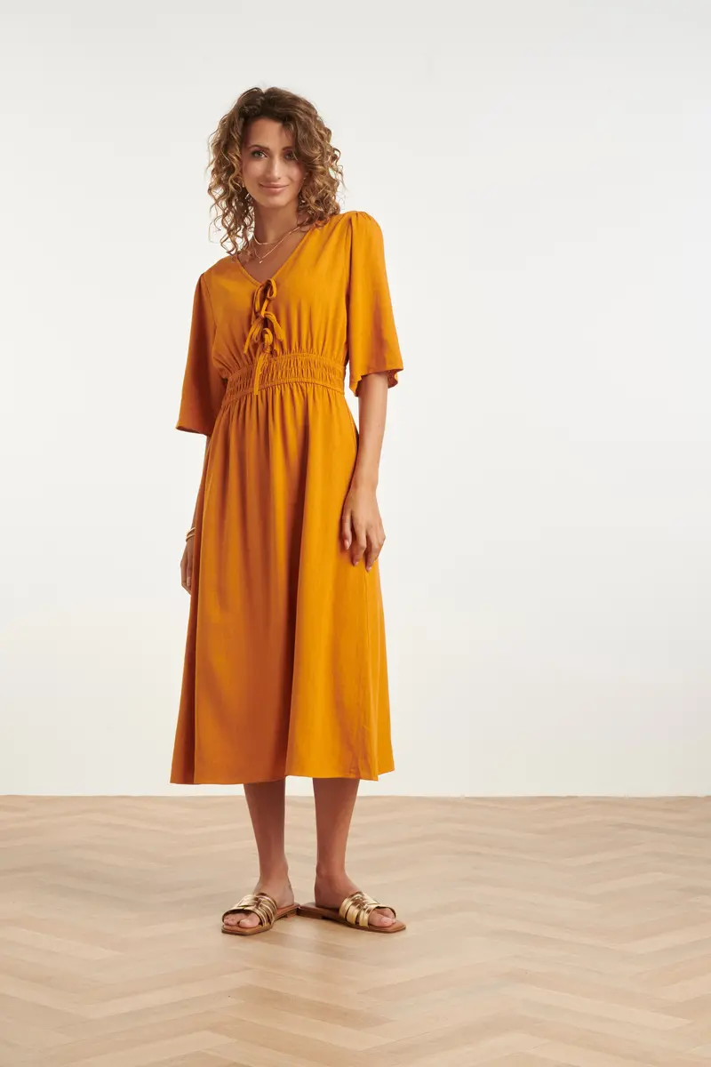 Airy Linen Midi Dress In Mustard With Lace-Up Back 1