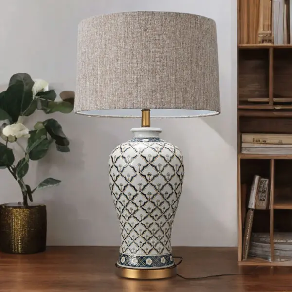 Antique Blue Diamond-Pattern Ceramic Lamp Base – Handcrafted, Compatible With Standard Fittings 1