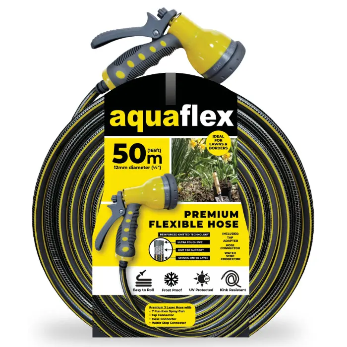 Aquaflex Premium 50-Metre Knitted Garden Hose With 7-Setting Spray Nozzle 1