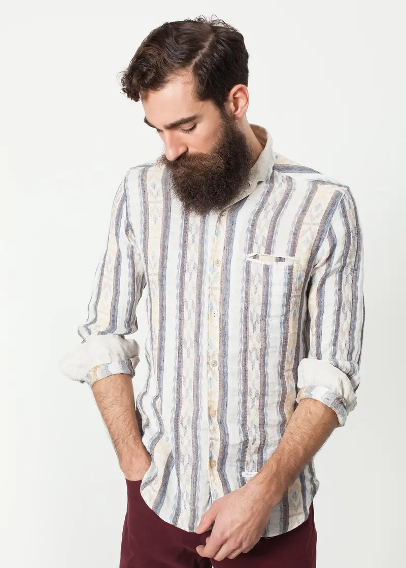 Beige-And-Blue Linen Western Shirt 1