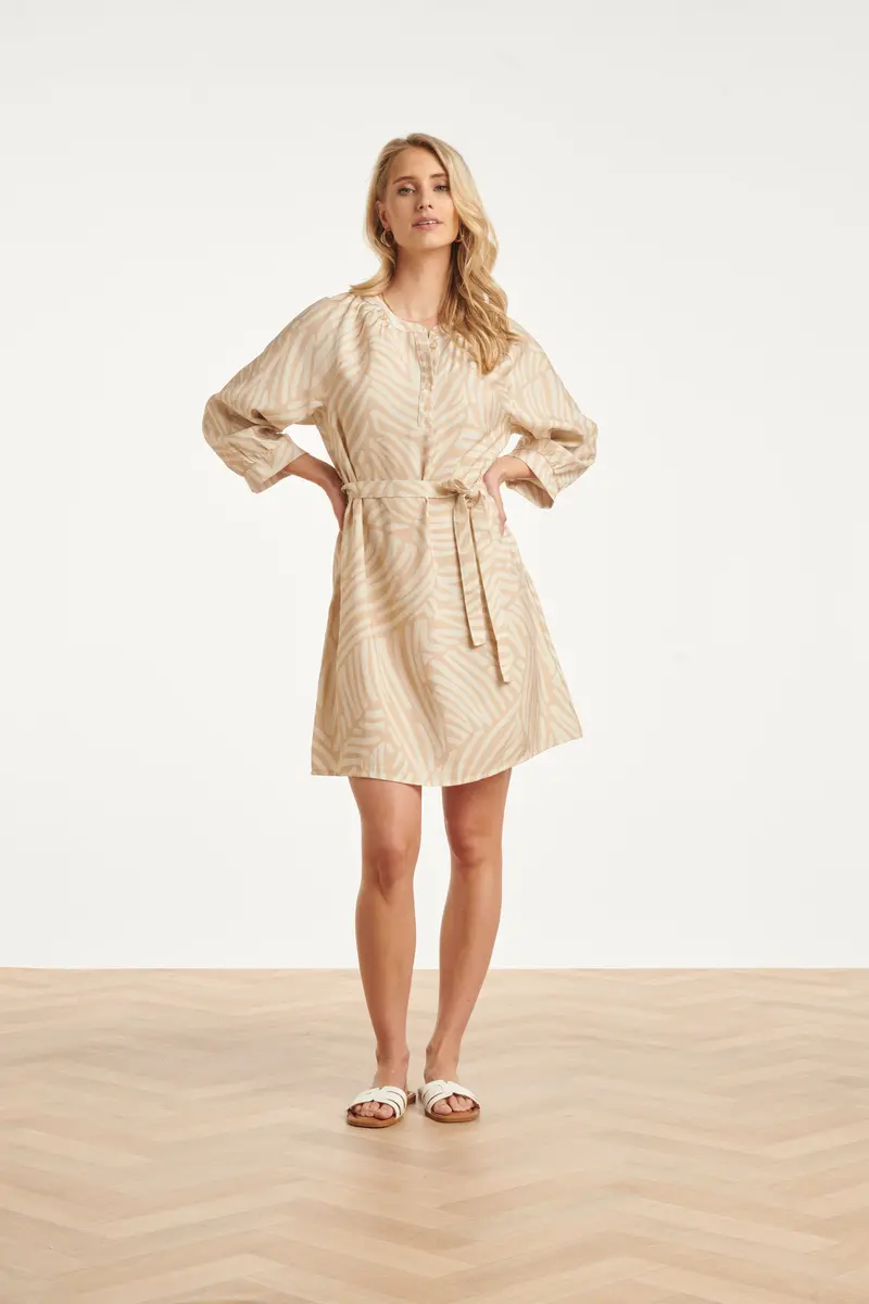 Beige Midi Dress With Abstract Print And Defined Waistband 1
