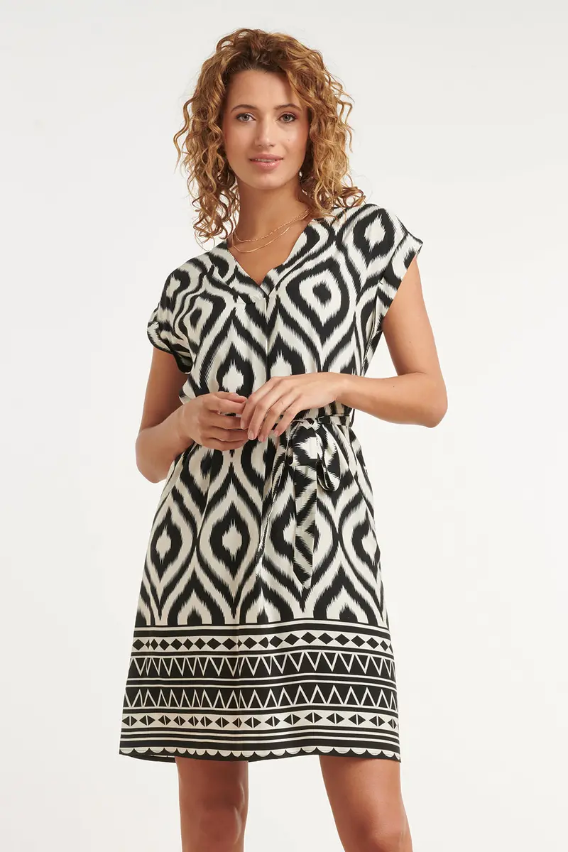 Black-And-White Ikat Print Dress With Belted Waist 1