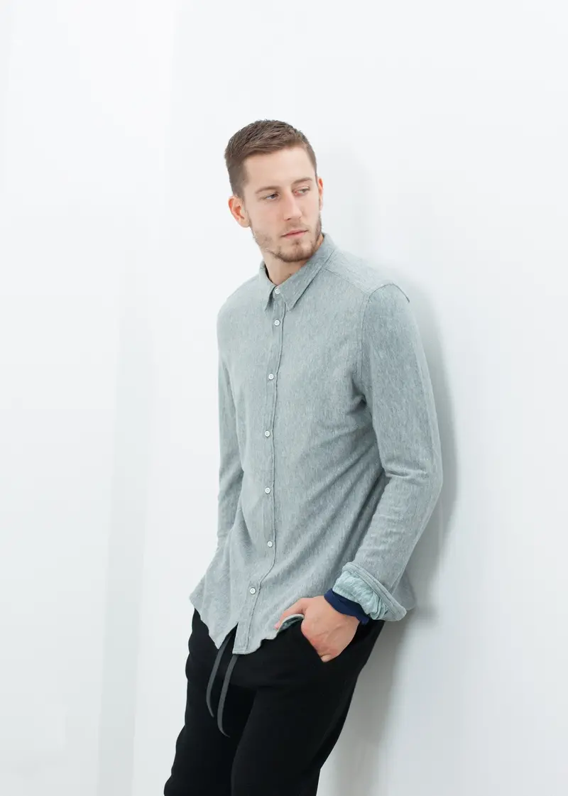 Blue-Grey Kasuri-Print Jersey Button-Up Shirt 1