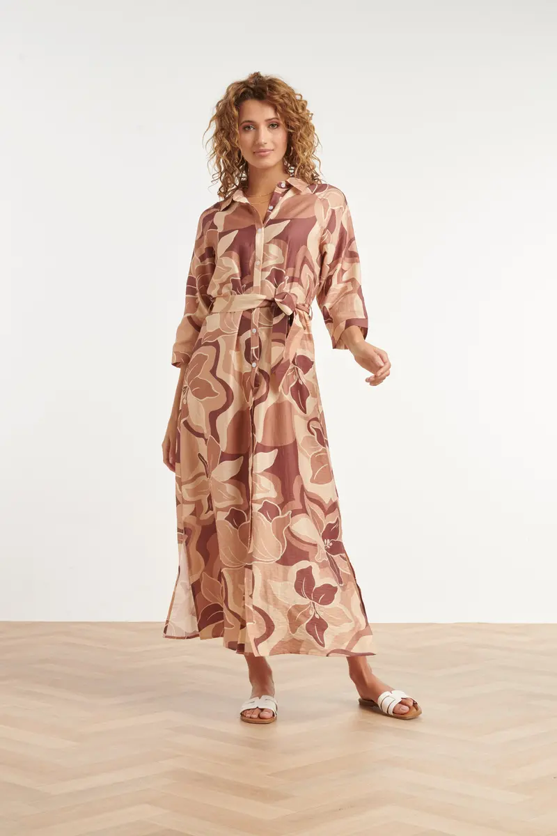Brown-And-Beige Floral Midi Dress With Adjustable Belt 1