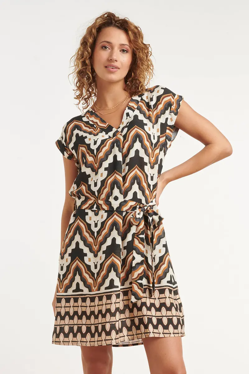 Brown-Black-Cream Zigzag Print Dress With Waist Belt 1
