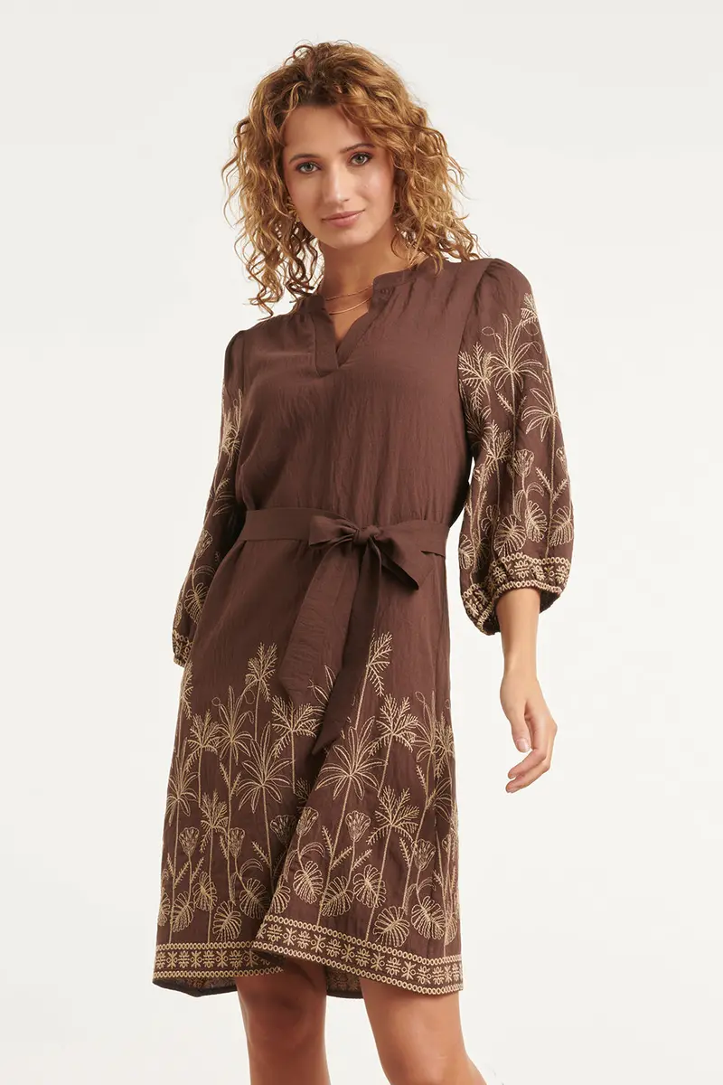 Brown Dress With Gold Embroidery And Waist-Cinching Belt 1