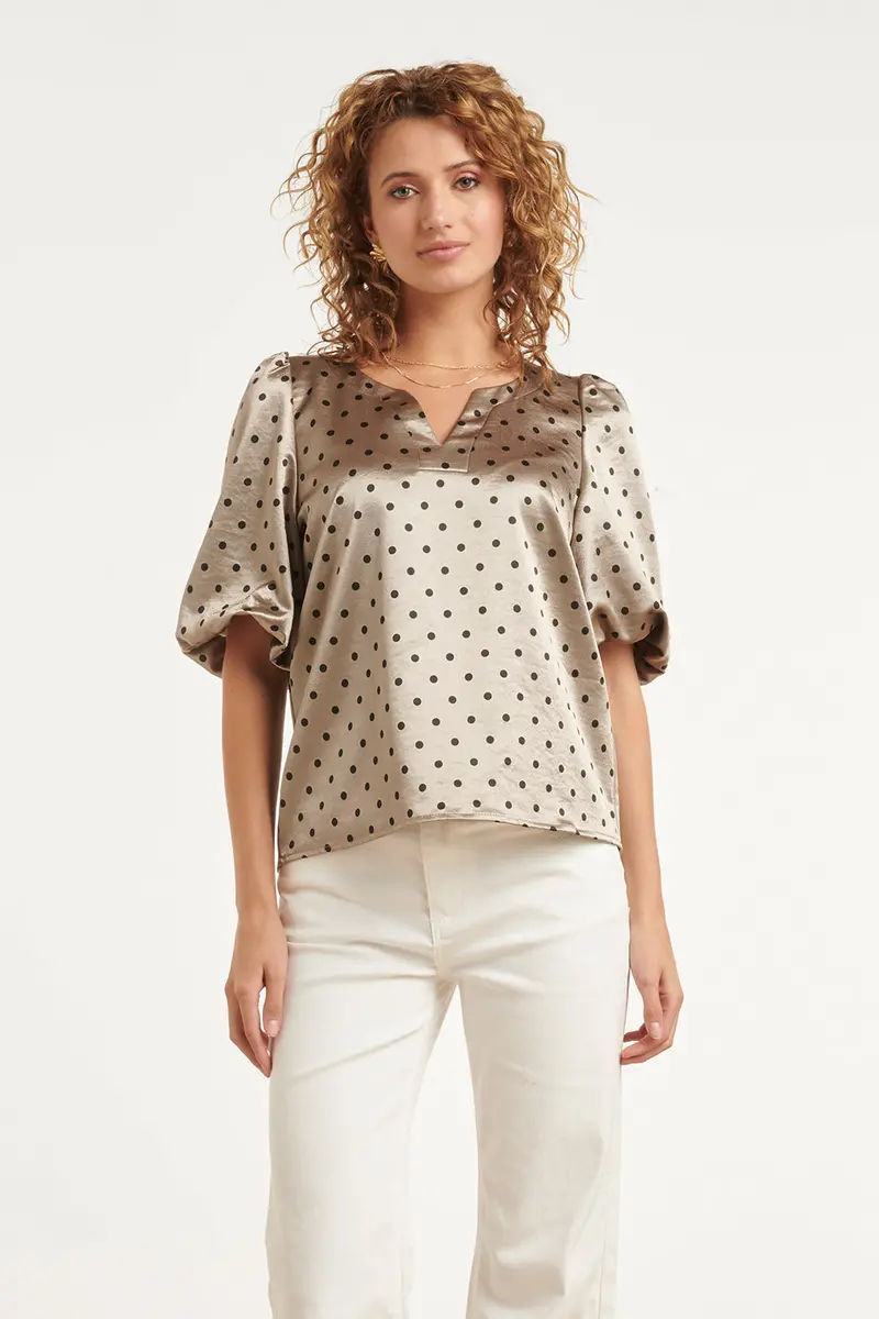 Champagne Satin Top With Black Polka Dots And Puffed Sleeves 1