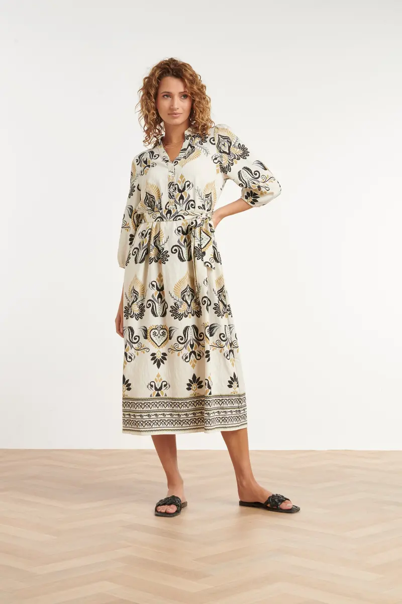 Cream-Colored Ornamental Print Midi Dress With Belt 1