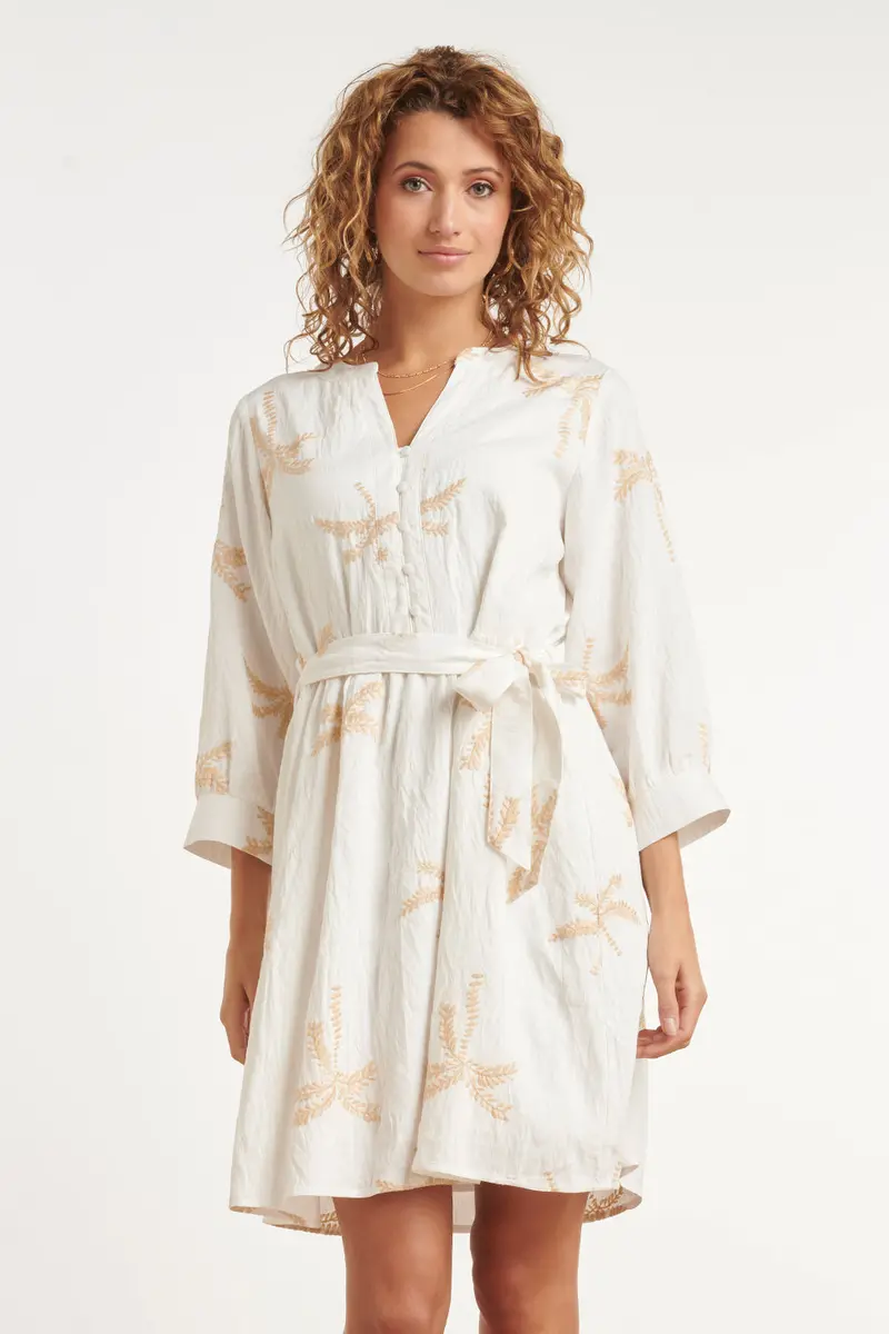Cream Palm-Print Midi Dress With Gold Accents And Waistband 1