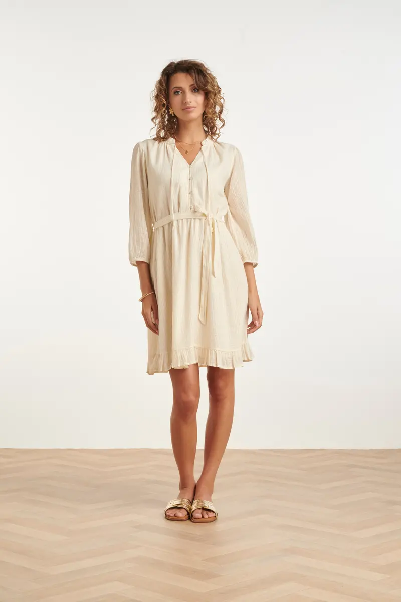 Cream Ruched Mini Dress With Elastic Waistband 1