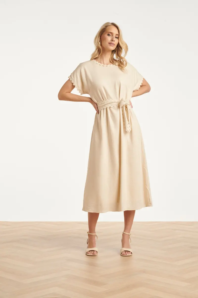 Elegant Wrap-Detail Dress With Self-Tie Belt In Sand Tone 1