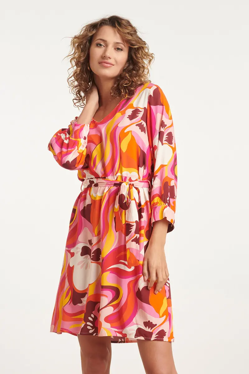 Floral Retro V-Neck Dress With Waist Tie In Pink And Multicolor 1