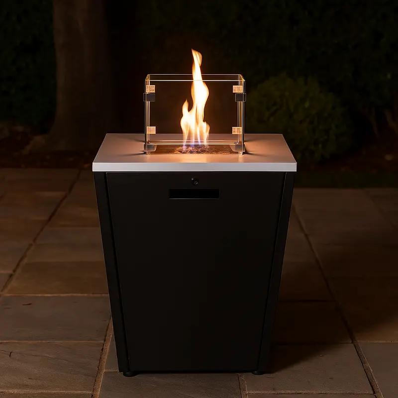 Glass-Fronted Freestanding Gas Fire Pit – Modern Outdoor Heating Solution 1