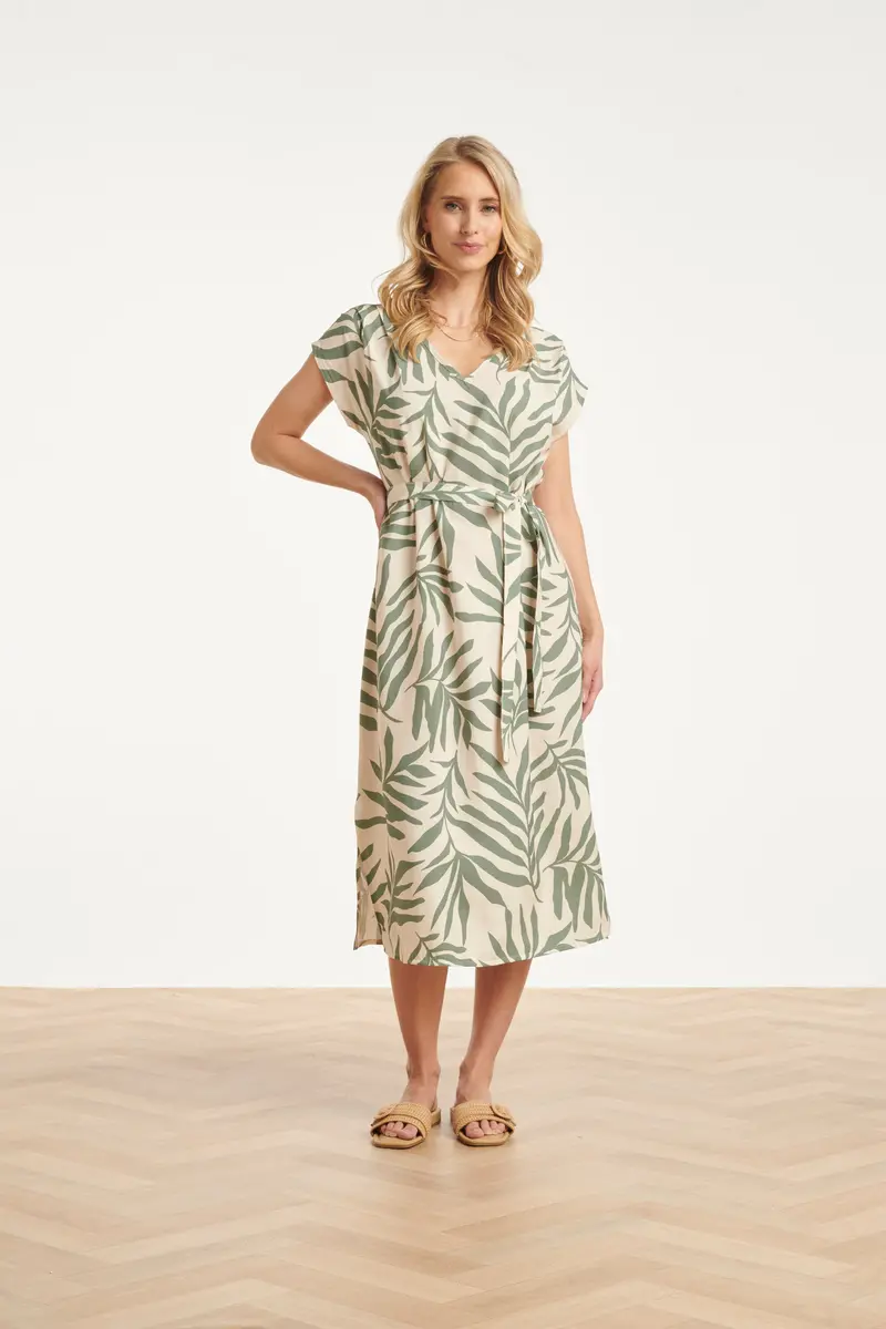Jade Midi Dress Featuring Leaf Print And Matching Waist Tie 1