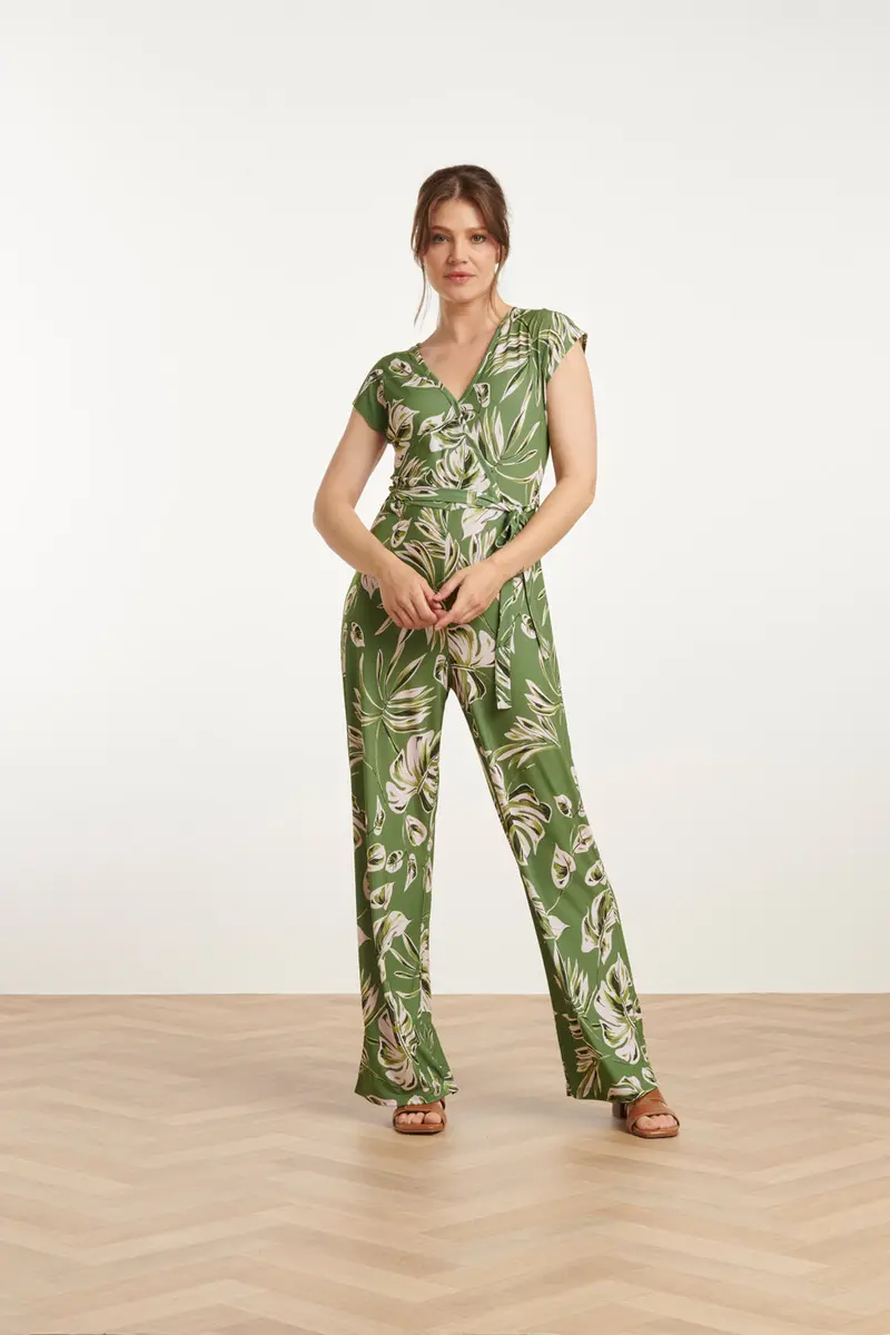 Leaf-Print Stretch Jumpsuit In Army Green And Light Green 1