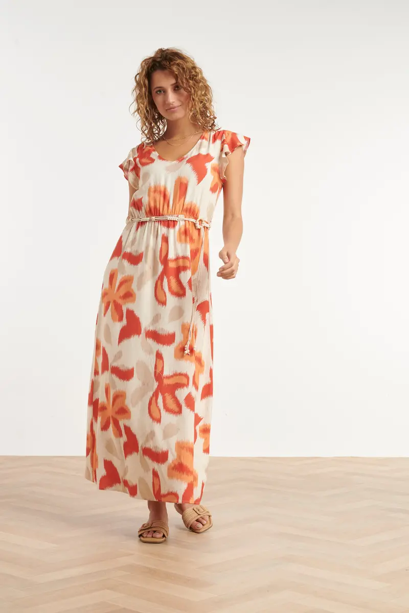 Long Flowy Dress With Orange-Beige Floral Print And Drawstring Waist 1