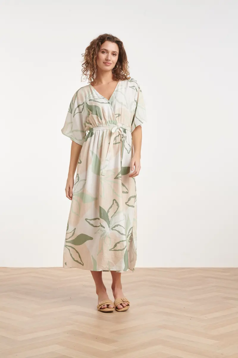 Midi Dress With Botanical Leaf Print And Matching Waist Tie In Soft Green And Beige 1