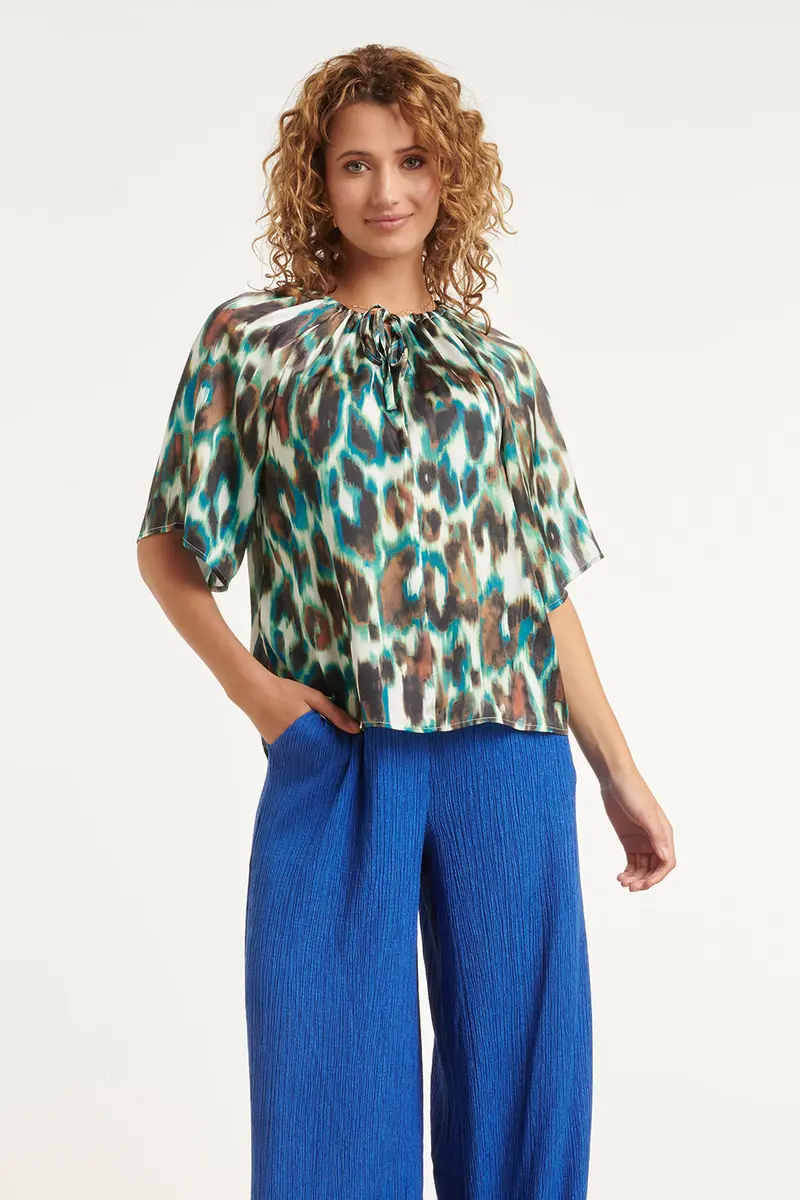 Off-Shoulder Green-And-Brown Abstract Animal Print Top 1