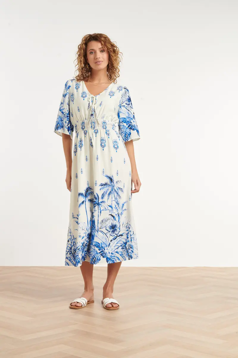 Off-White Dress With Blue Botanical Print And Elastic Waist 1