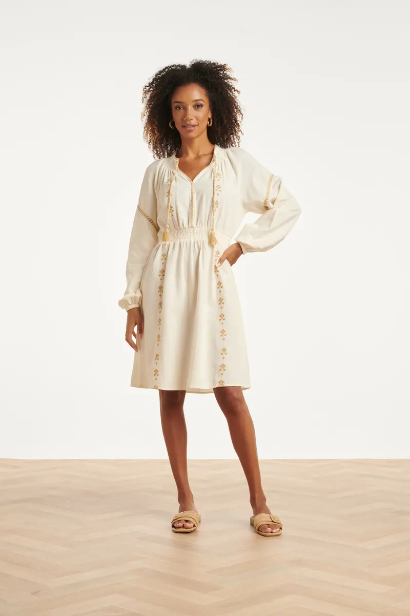 Off-White Dress With Gold Embellishments And Elastic Waist 1