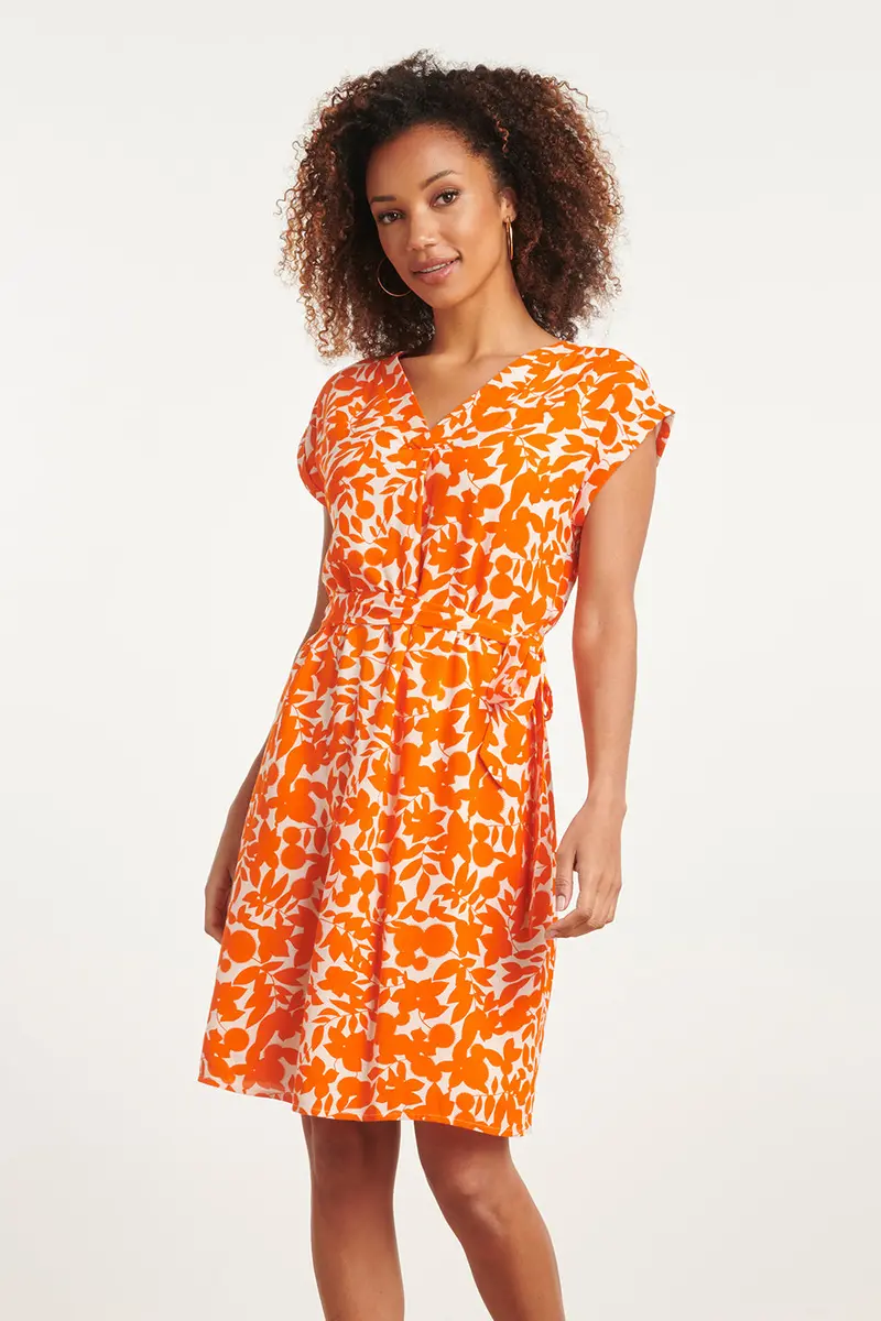 Off-White Leaf-Print Dress With Orange Accents – Style 24137 1