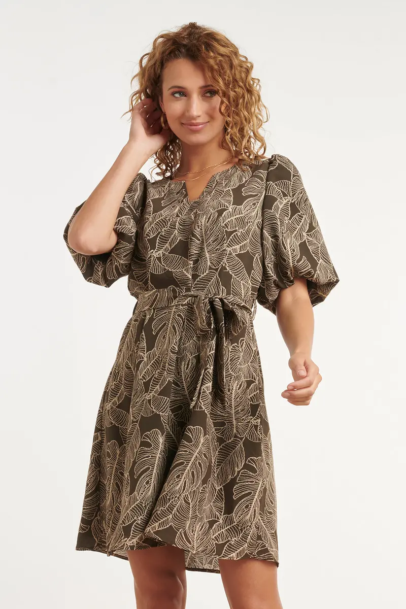 Olive Green Leaf-Print Dress With Waistband 1