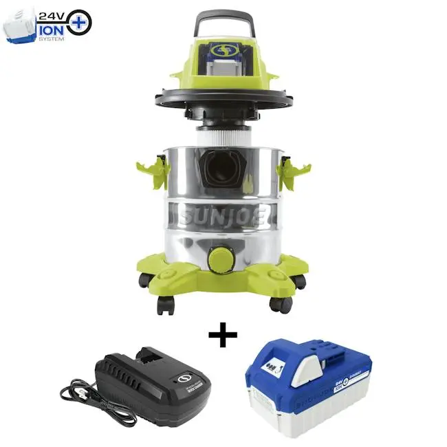Refurbished Sun Joe 24V-Wdv6000 Cordless Wet/Dry Vacuum – 5.3-Gallon Stainless Steel Tank, 4.0Ah Battery + Charger 1