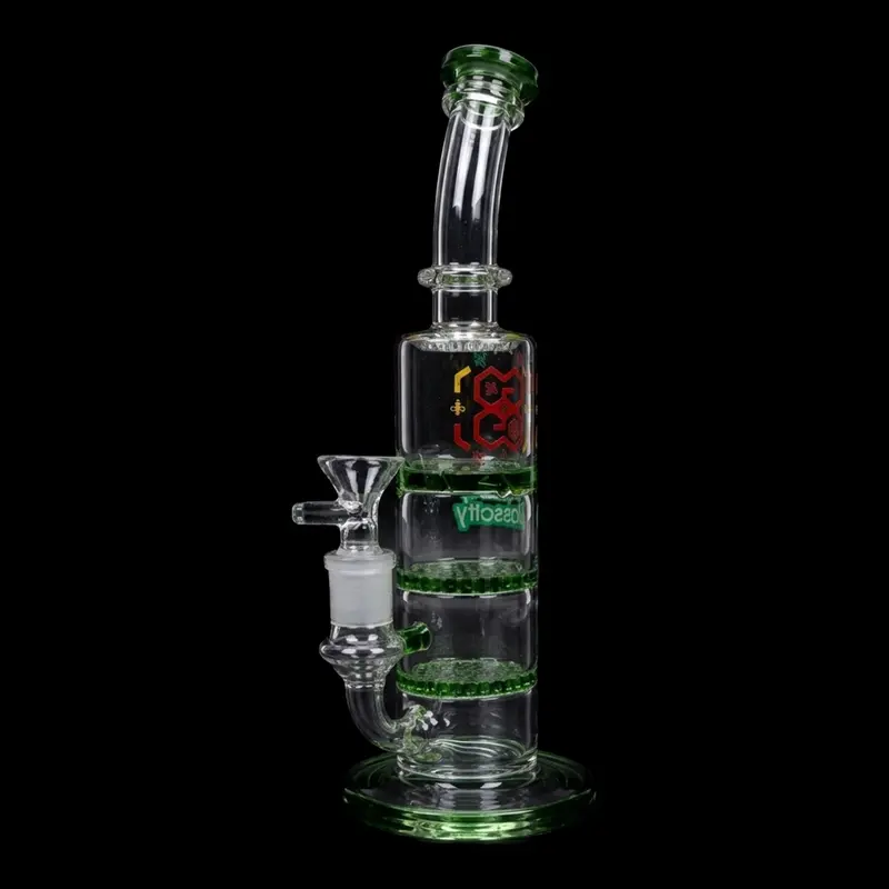 Smoke Cartel Bent-Neck Water Pipe With Triple Honeycomb Perc – 9.5-Inch Green Glass 1