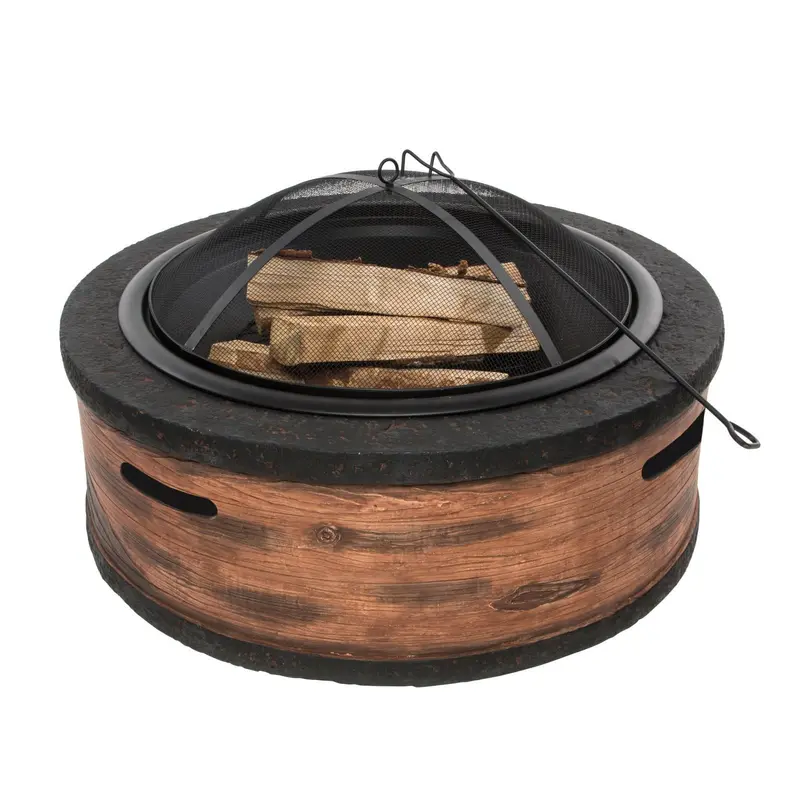 Sun Joe Sjfp35-Rw-Stn 35-Inch Rustic Wood-Finish Fire Pit – Cast Stone Base, Dome Screen & Poker 1