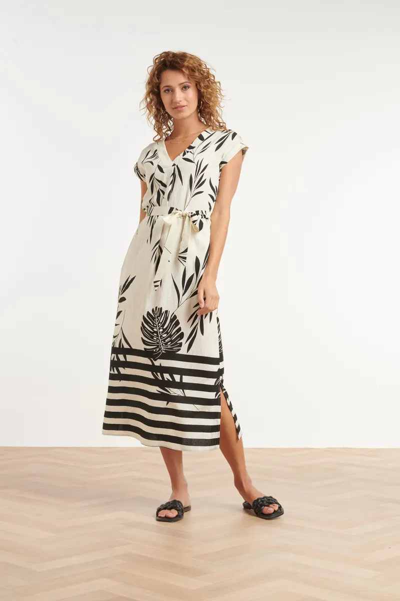 White Maxi Dress With Black Leaf Motif And Striped Hem 1