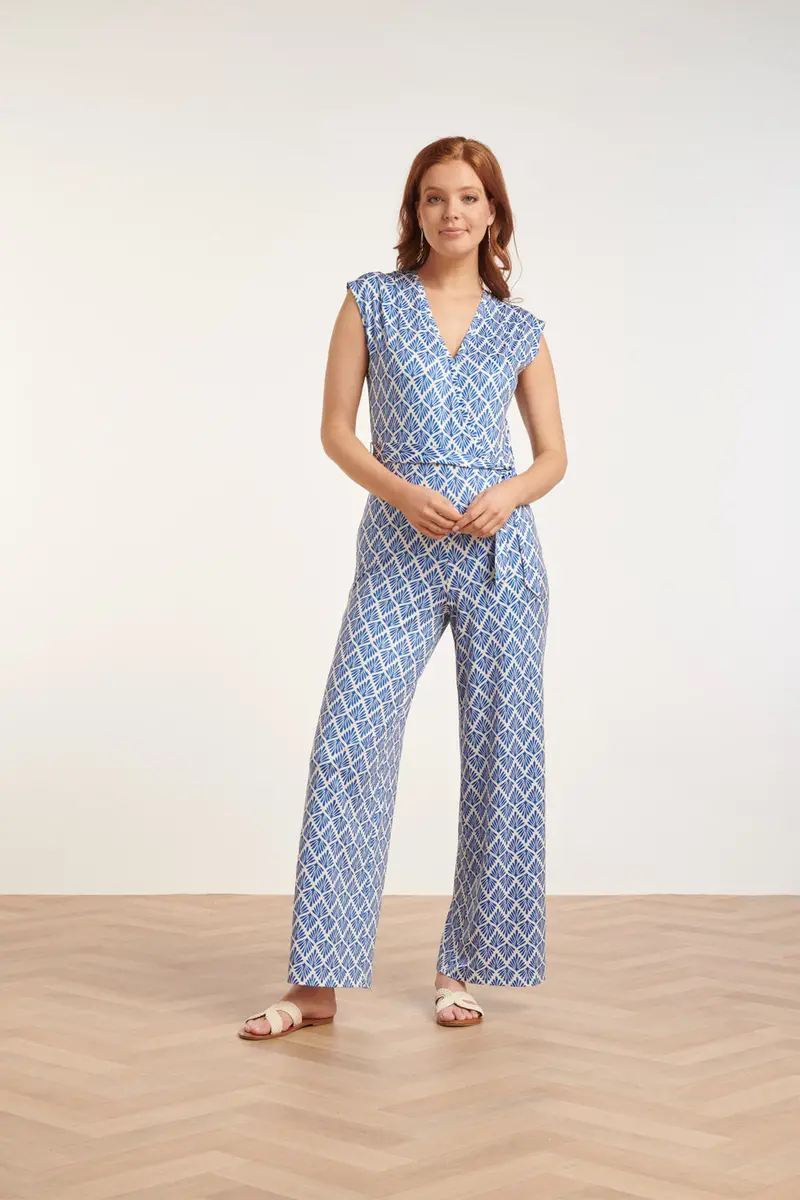 Wrap-Style Jumpsuit With Ornamental Cobalt-And-White Print | Style 24033 1