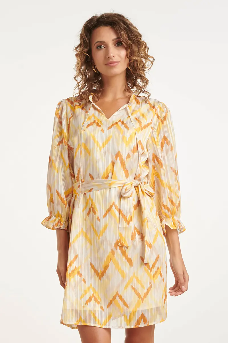 Yellow-And-Multicolor Aztec Zigzag Tunic Dress With Belt 1