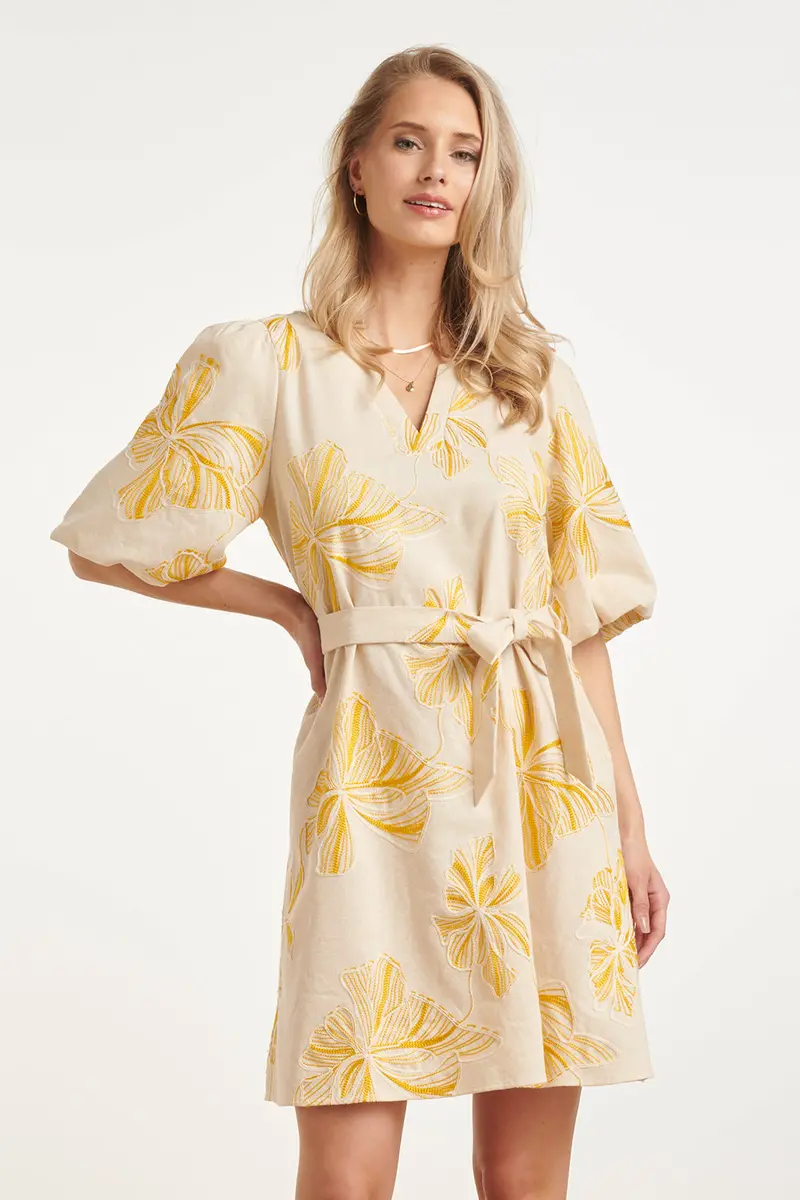 Yellow-Embroidered Sand Summer Dress With Waist Tie 1