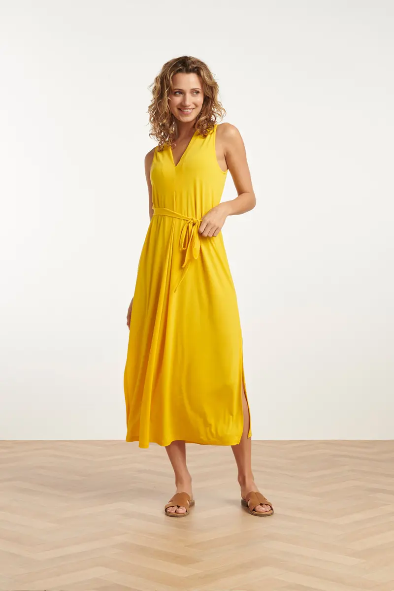 Yellow Stretch Midi Dress With V-Neck – Style 25173 1