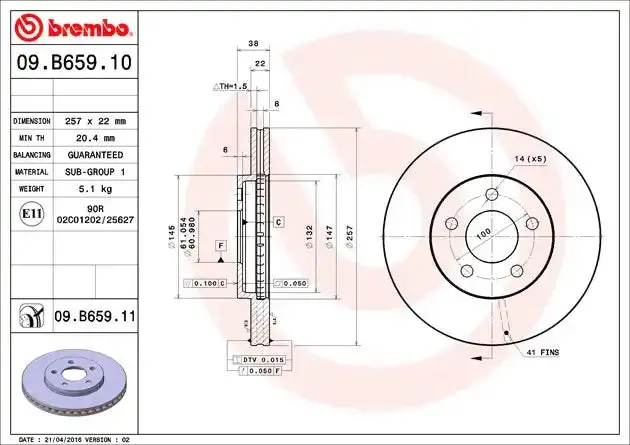 Brembo Front Disc Brake Rotor - Part Number 09B65911C02 1